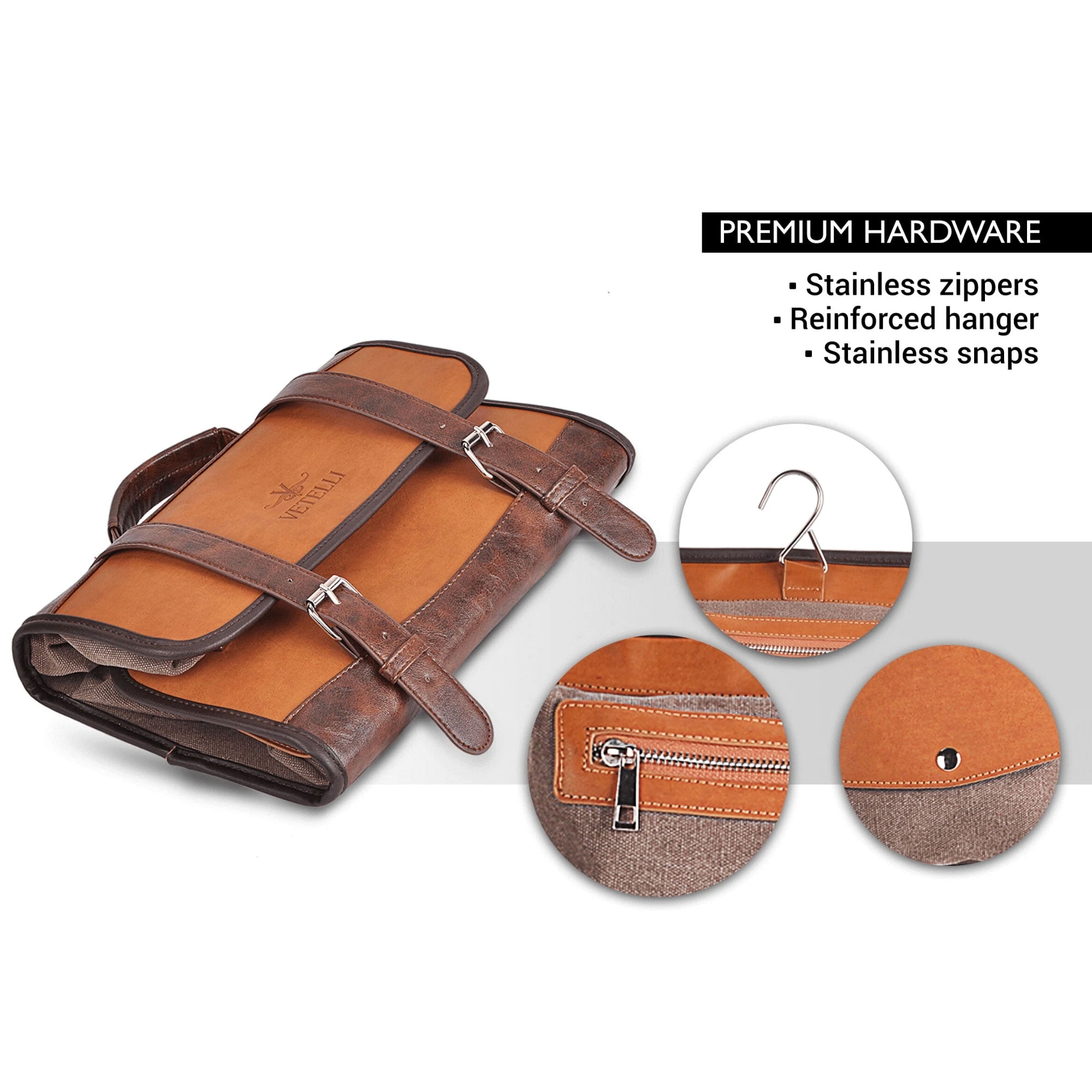 Vetelli Foldable Hanging Leather Travel Toiletry Bag for Men with 4 Pockets