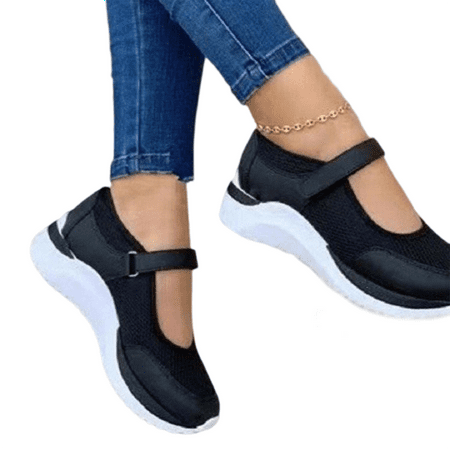 

Summer Walking Shoes with Hook and Loop Hollowed Shoes for Woman Fitness Sports Exercise Black 35