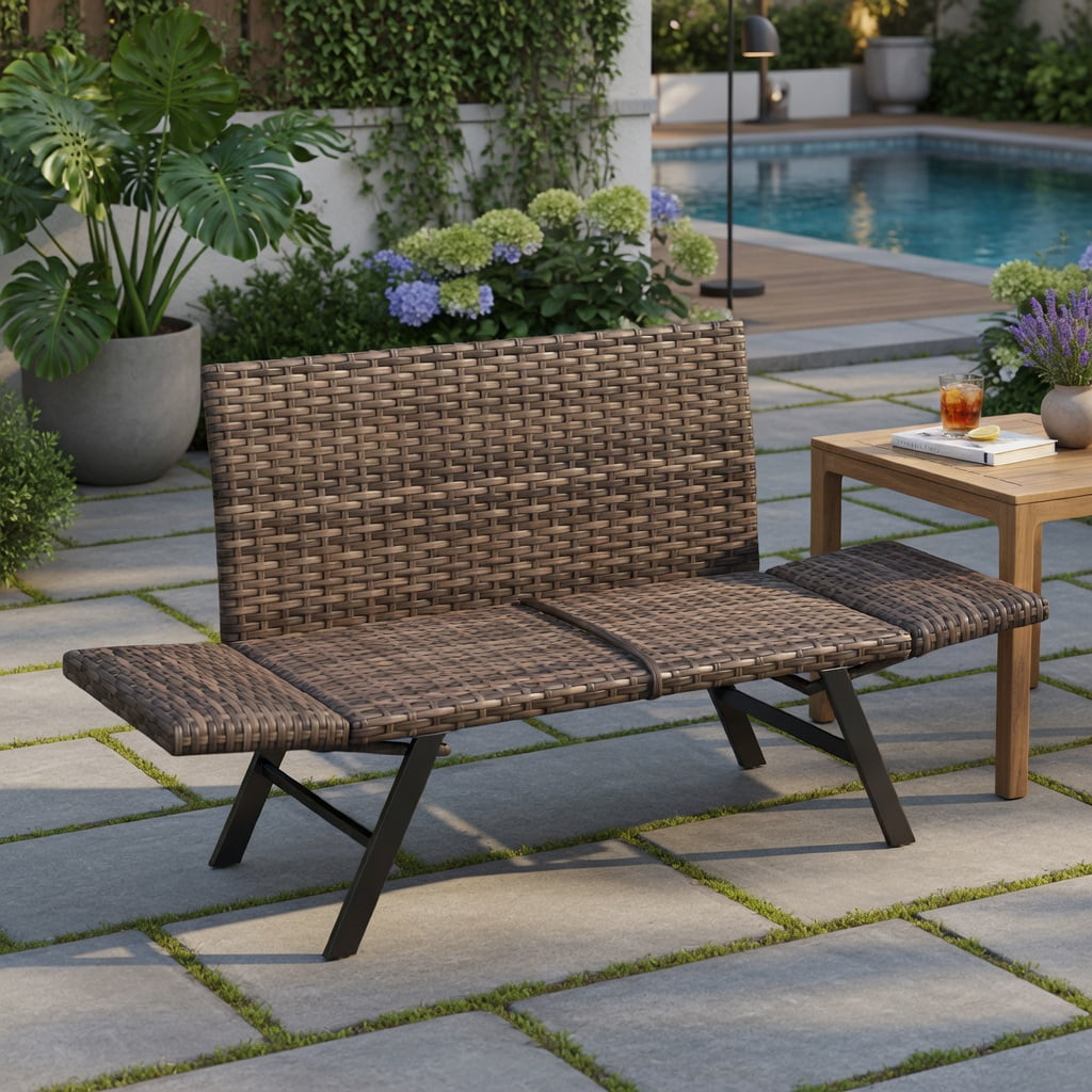 Hommoo Convertible Patio Loveseat Sofa, 2-Person Rattan Outdoor Sofa with Adjustable Armrests, Quick-Dry Foam Cushions, Heavy-Duty Metal Frame, Natural