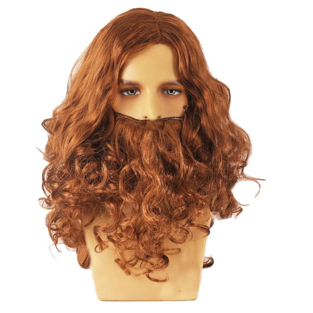 Xiao Hua Peluca y barba de mago, cabello corto y rizado, para cosplay, disfraz de Jesús, peluca de Halloween para hombre, obras escolares, color marrón