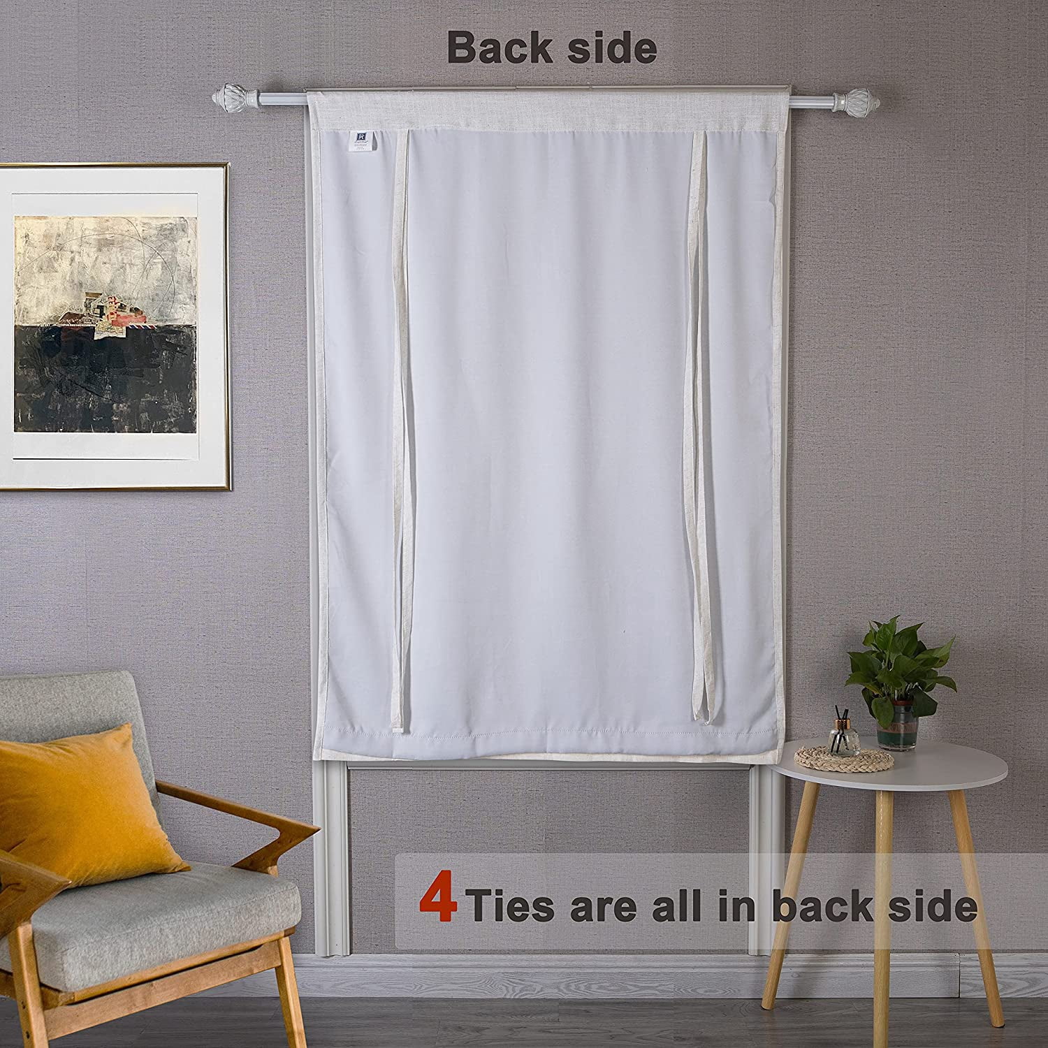 DriftAway Blackout Linen Textured Solid Basic Room Darkening Tie Up Curtain Adjustable Balloon Rod Pocket, 31" x 47", Ivory