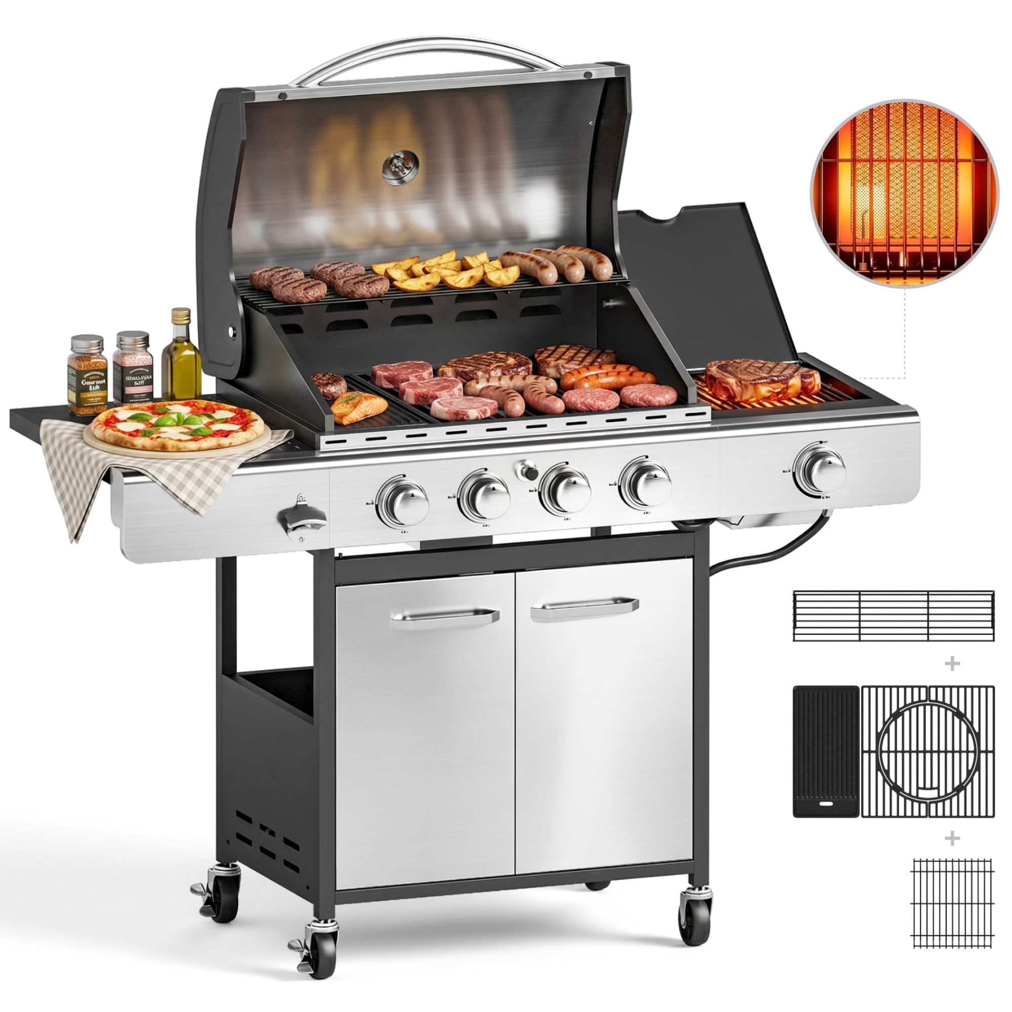 PHI VILLA 4-Burner Propane Gas Grill with Griddle and Infrared Searing Side Burner, Stainless Steel Outdoor BBQ Grill with 650 SQ IN Cooking Area, Porcelain-Enameled Cast Iron Grates