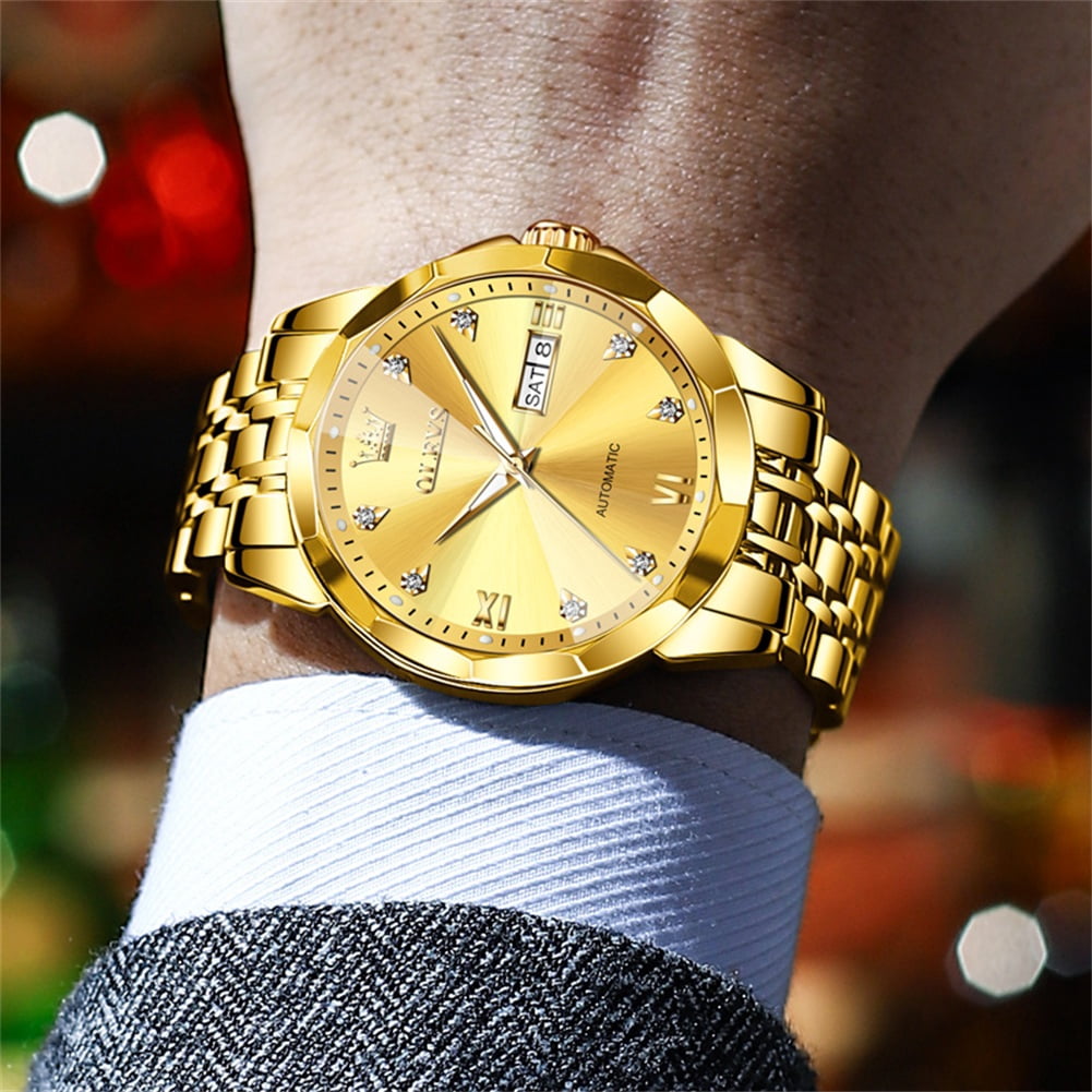 OLEVS Automatic Watches for Men Self Winding Mechanical Luxury Dress Stainless Steel Two Tone Strap Diamond Waterproof Luminous Date Mens Wrist Watches Reloj Para Hombre Black/Blue/Gold/White