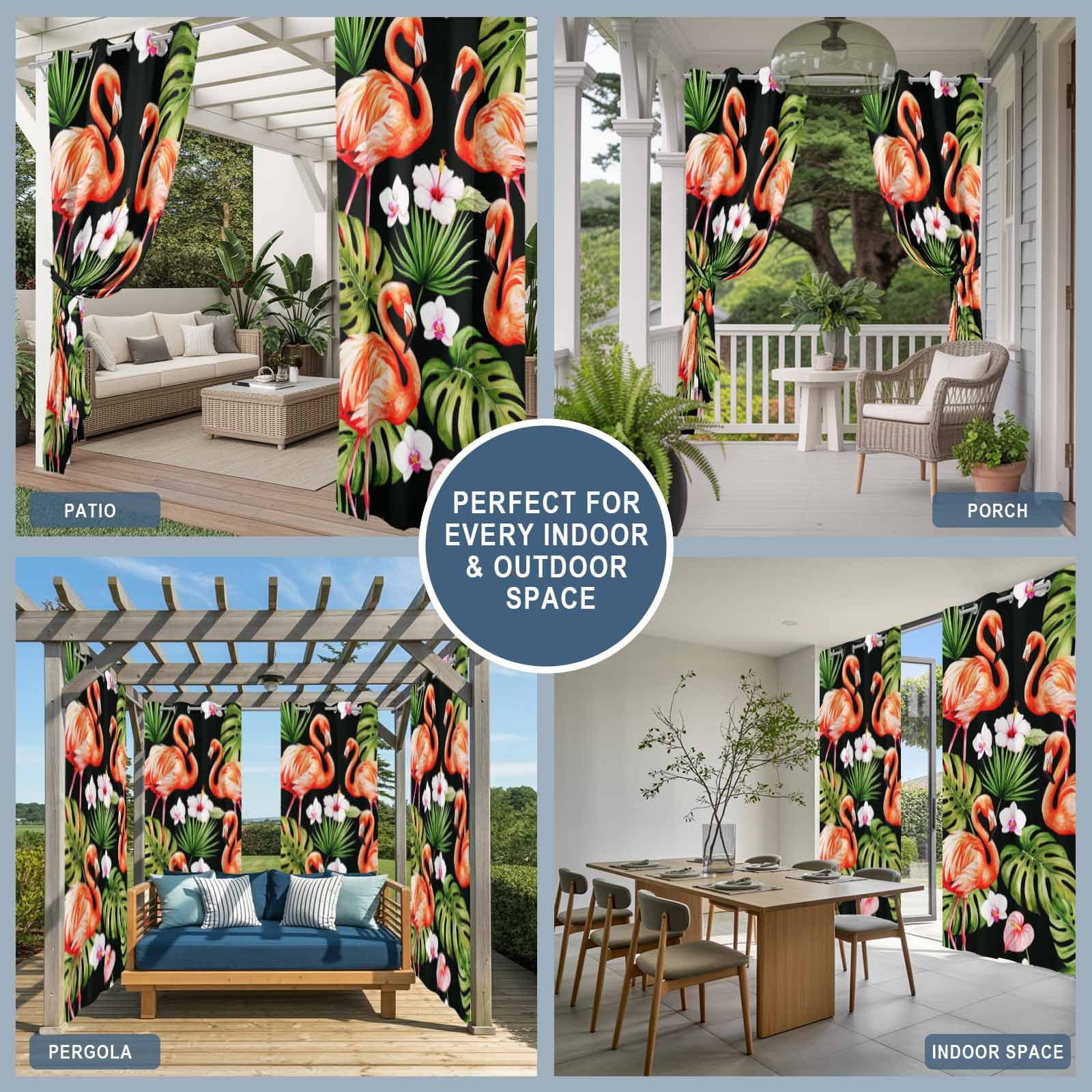 Pink Flamingos Outdoor Curtains for Patio, Green Tropical Leaf Hibiscus Flower Botanical Sunshade Privacy Drapes Grommet Waterproof Outside Curtains for Porch/Cabana/Balcony 54"x 108", 1 Panel