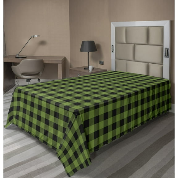 Ambesonne Abstract Flat Sheet, Natural Plaid Inspired, TwinXL Size, Olive Green Grey