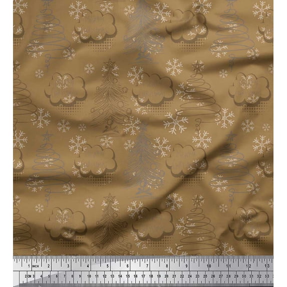 Soimoi Brown Cotton Voile Fabric Snowflake & Tree Christmas Printed Craft Fabric by the Yard 42 Inch Wide