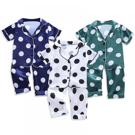 

AJZIOJIRO Baby Boy Short Sleeve Pajamas with Wave Point Print Silky Loungewear Blouse Tops & Night Pants Sleepwear Set 2PCS