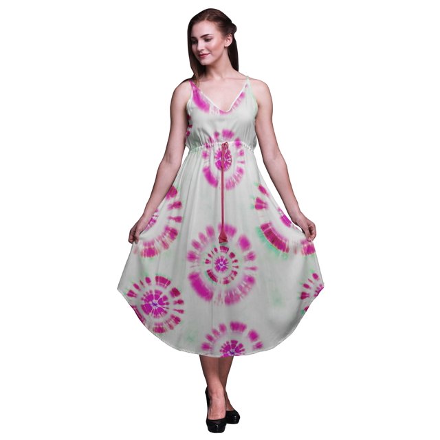 Bimba Robe de Plage Bohème Midi Sans Manches Imprimée Teinture sur Nœuds pour Femmes-TTG