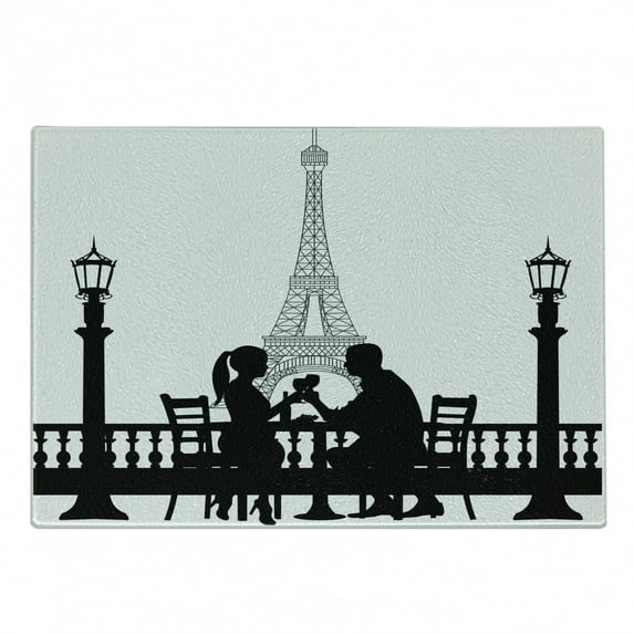Romantic Cutting Board, Couple Having a Romantic Dinner in Front of the Eiffel Tower Capital of Love, Decorative Tempered Glass Cutting and Serving Board, Small Size, Black White, by Ambesonne