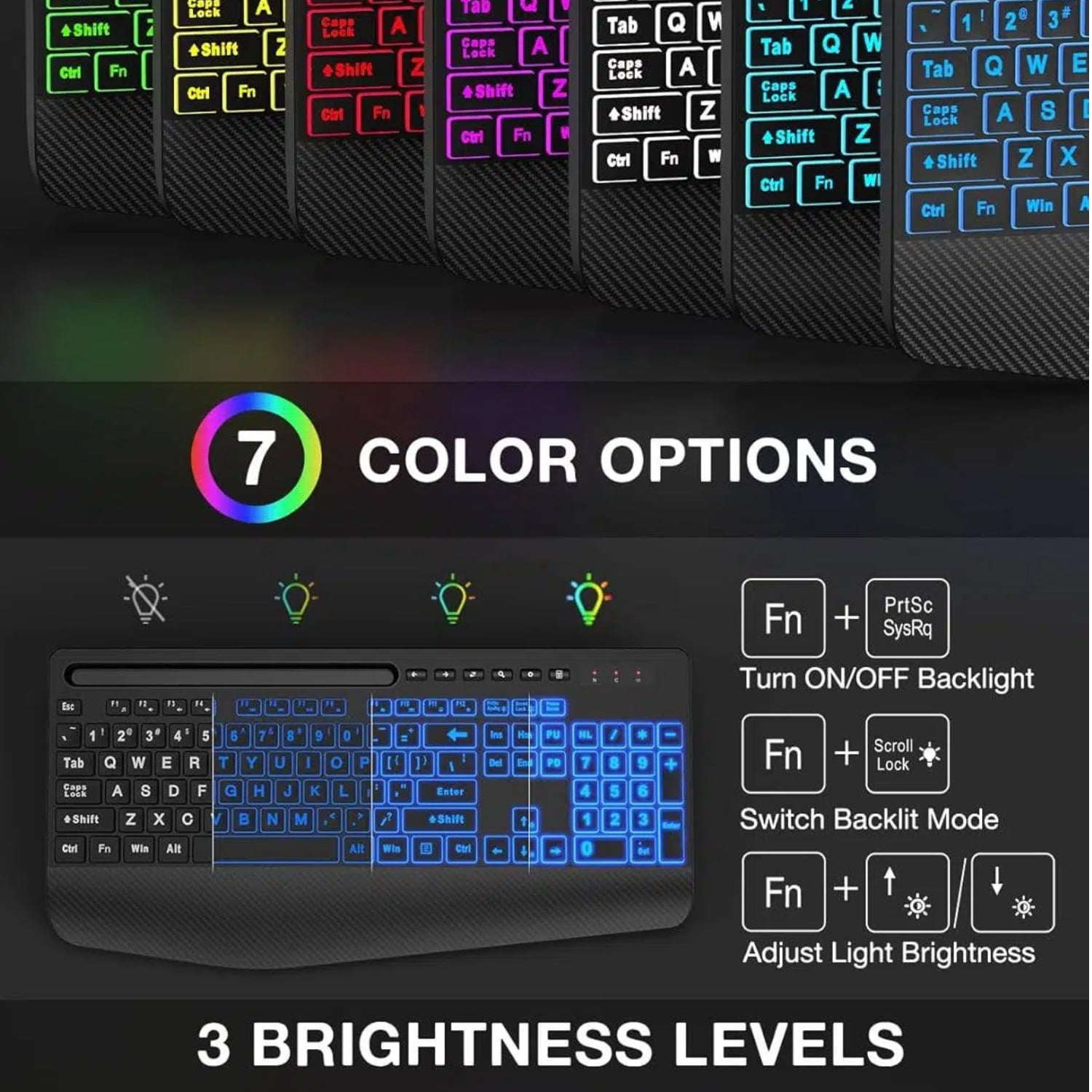Wireless Keyboard and Mouse Combo with 9 Backlit, Wrist Rest & Phone Holder, Large Print,Deep Black