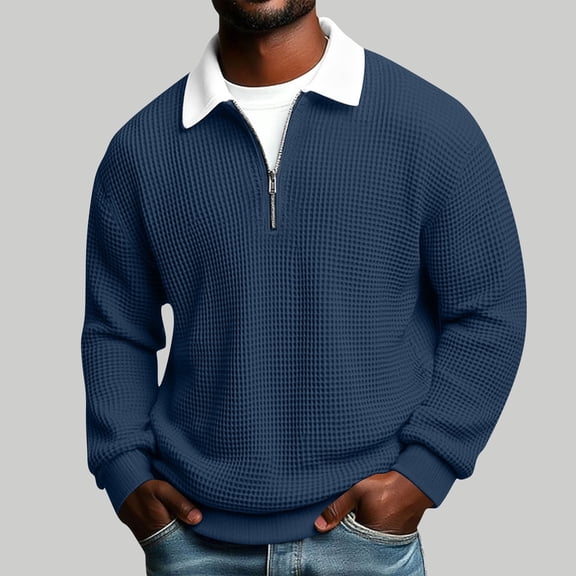 Yteetum Men's Shirts Oversized Quarter Zip Turndown Collar Waffle Weave Long Sleeve T Shirts Mens Casual Solid Half Zip Lapel Regular Fits Loose Big and Tall Gym Golf Shirt Fall Spring Clothes