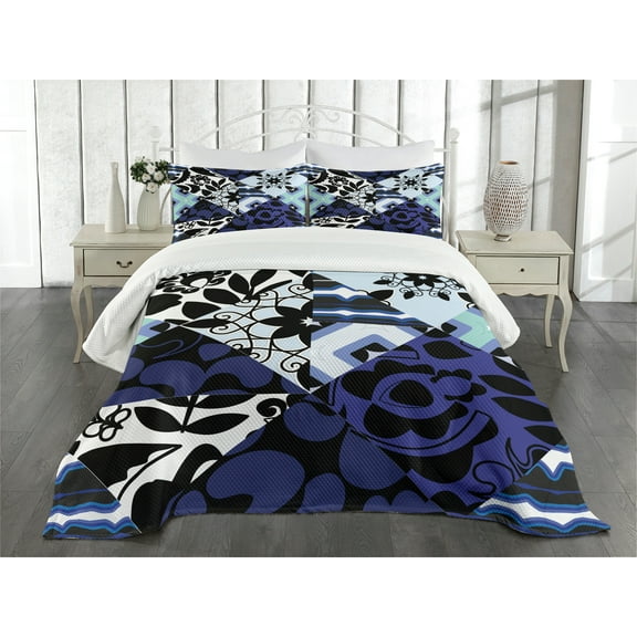 Ambesonne Shabby Flora Quilted Bedspread Set 3 Pcs, Petals, Queen Size, Multicolor