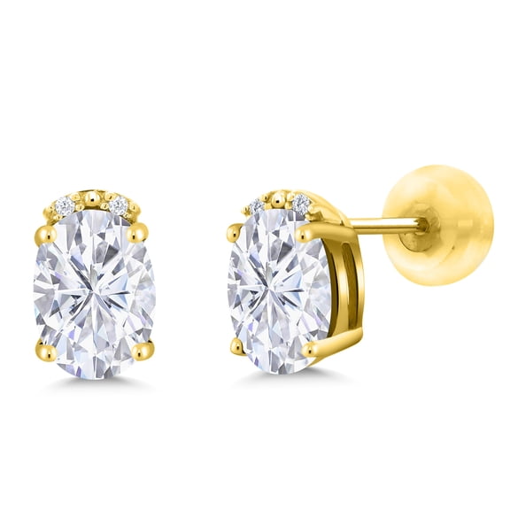 Gem Stone King 10K Yellow Gold White Moissanite and White Diamond Earrings for Women (1.83 Cttw, Gemstone Birthstone, Oval 7X5MM)