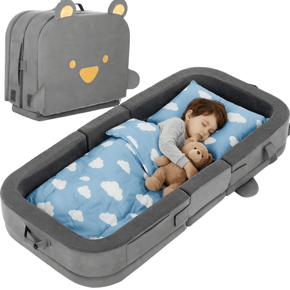 LIFERUN Foldable Toddler Travel Bed, Portable Toddler Floor Bed for Baby and Kids Aged 1-4, with Washable Cover, Safety Rail, for Home, Hotel, Camping