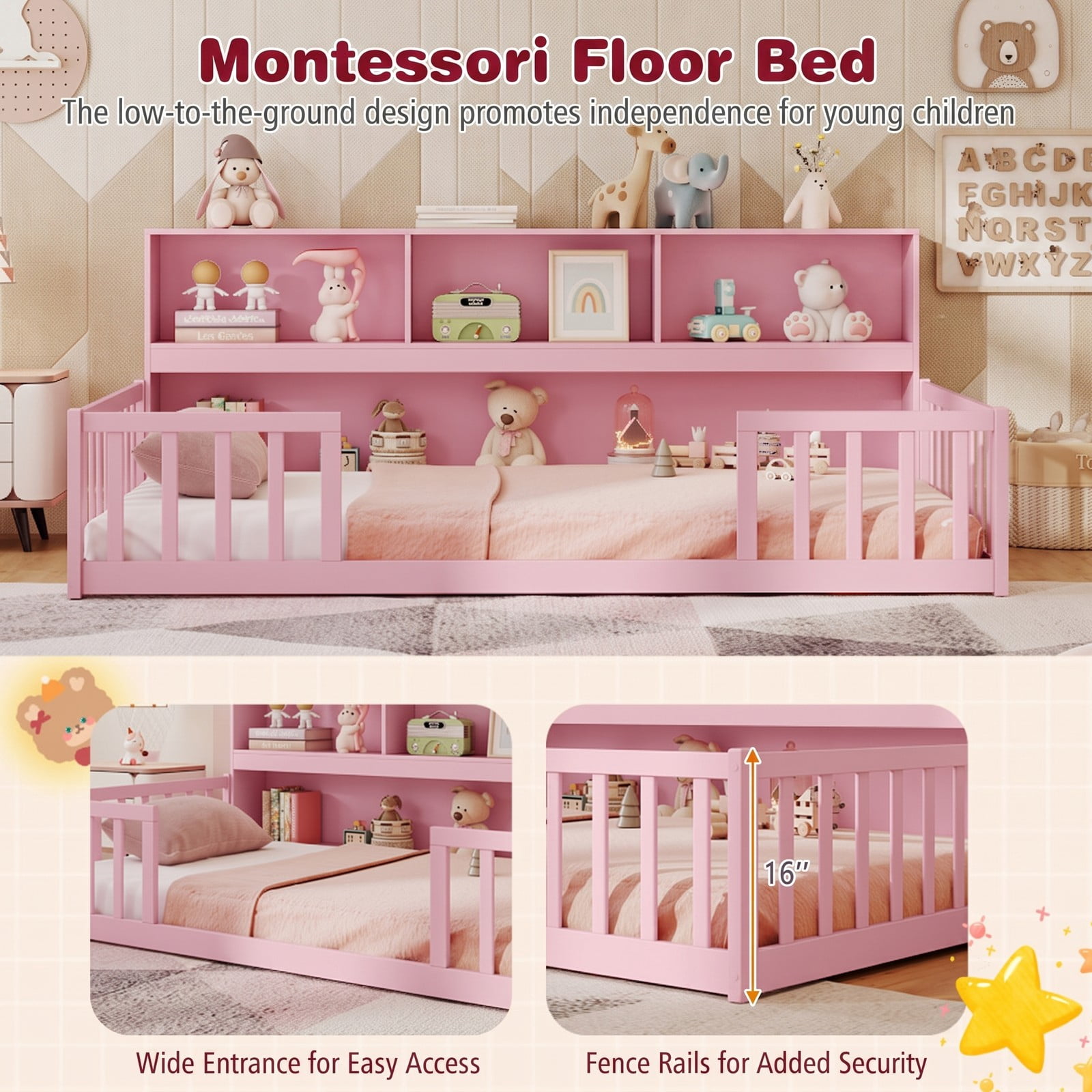 Furnibear Full Size Bed Frame Montessori Floor Bed with Bookcase Headboard and Full Length Fence Rails for Kids Room, Pink