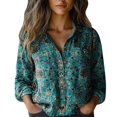 thumbnail image 2 of Bovemsi Women Cotton Shirt Printed Fashion Down Shirts Casual Tops Long Sleeve Blouse, Green Women's Summer Shirts, S, 2 of 4