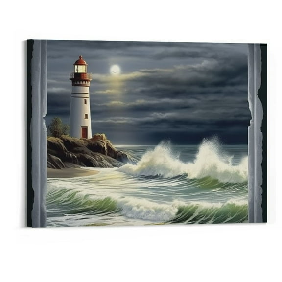 BCIIG Lighthouse Nautical Wall Art Coastal Beach Pictures Wall Decor Ocean Canvas Prints Window Decorations Painting Framed Artwork Office Home Decor For Bathroom Bedroom Dining Living Room 20"x16"