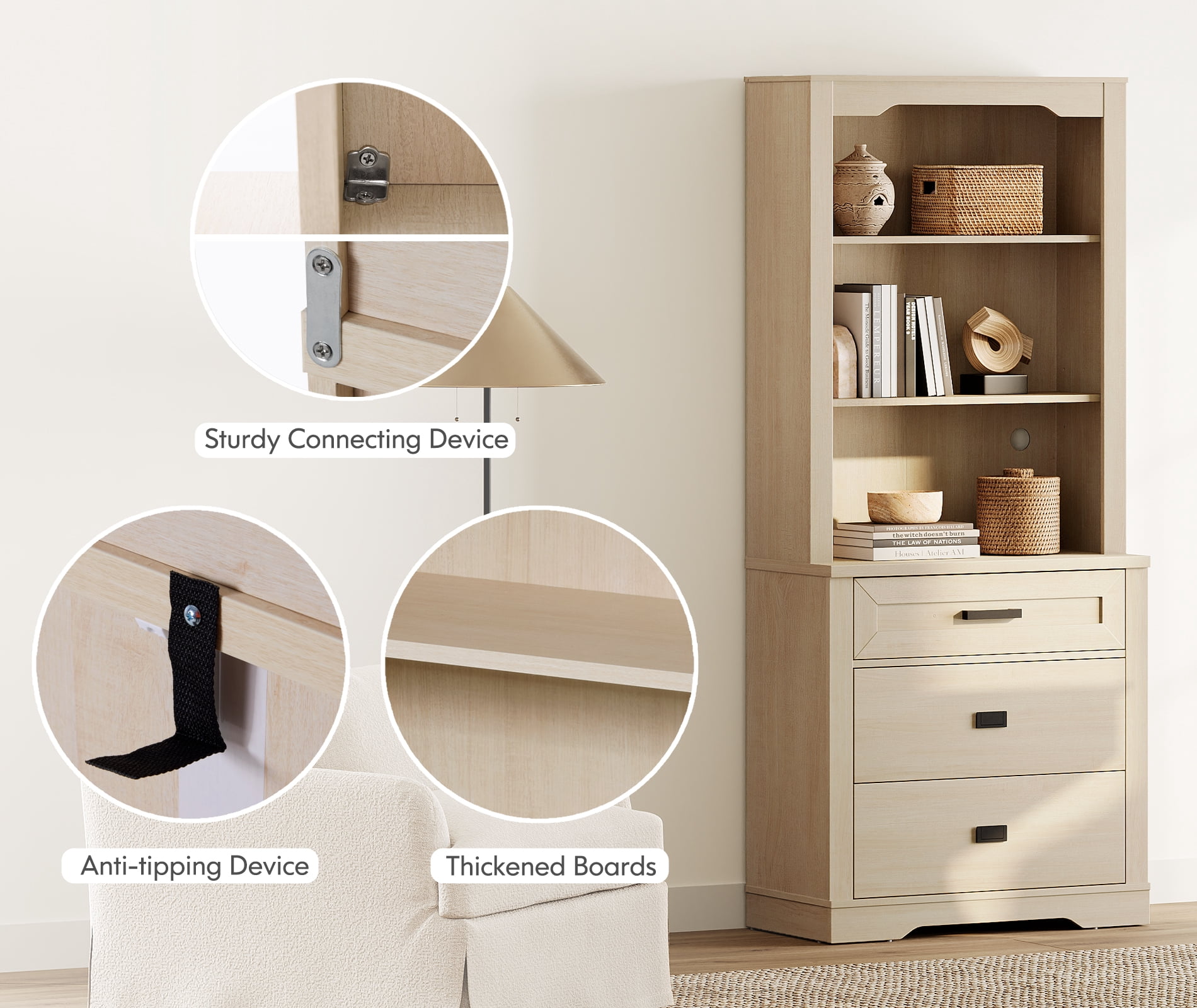 WAMPAT 3 Column Bookcase with Drawer,73.3" Tall Floor Standing Bookshelf,Modern Farmhouse Display Storage Cabinet with Adjustable Shelves,Light Oak