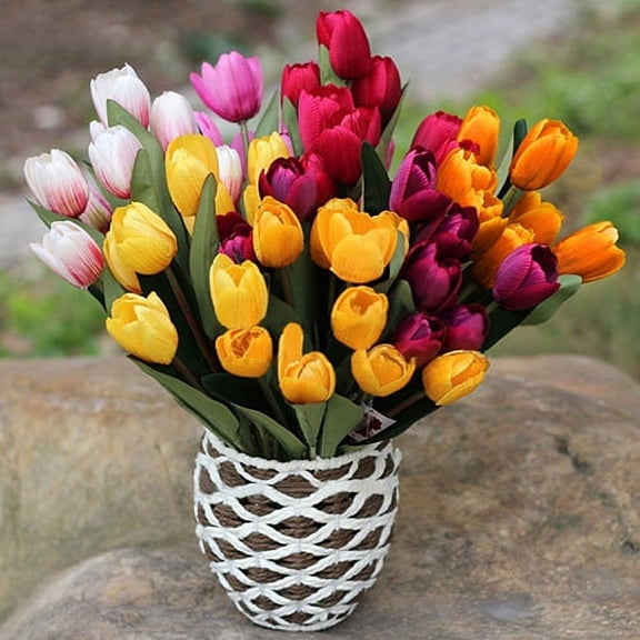 Ludlz Artificial Tulips Flowers Real Touch Multicolored Tulips Fake Holland PU Tulip Bouquet Latex Flowers for Wedding Party Office Home Kitchen Decoration 7 Colors optional