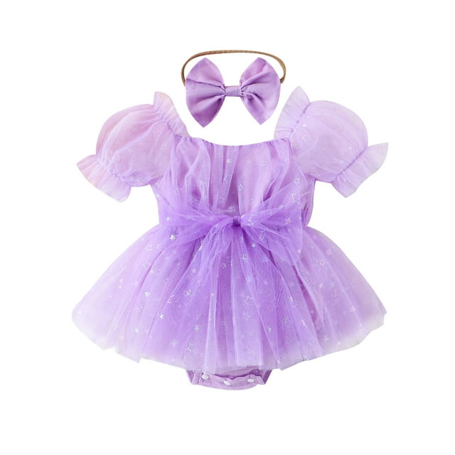 EYIIYE Robe de Princesse pour Tout-Petit Robe d'Été pour Filles Combinaison à Manches Courtes Robe en Tulle Patchwork avec Bandeau Robe Formelle Mignonne pour Mariage Soirée