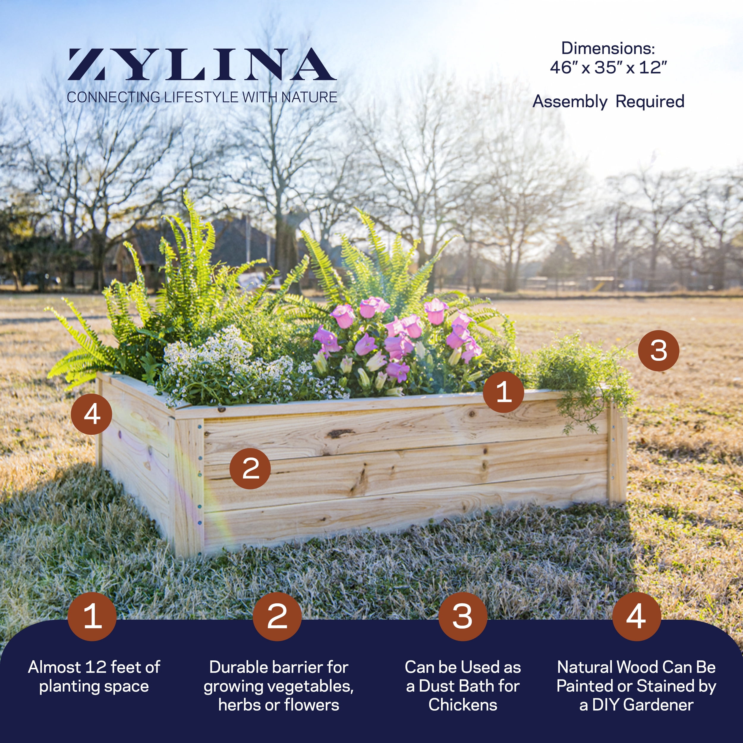 Zylina Superior Raised Wood Planter Garden Bed Box or Backyard - Natural 46"(L) x 35"(W) x 12"(H)