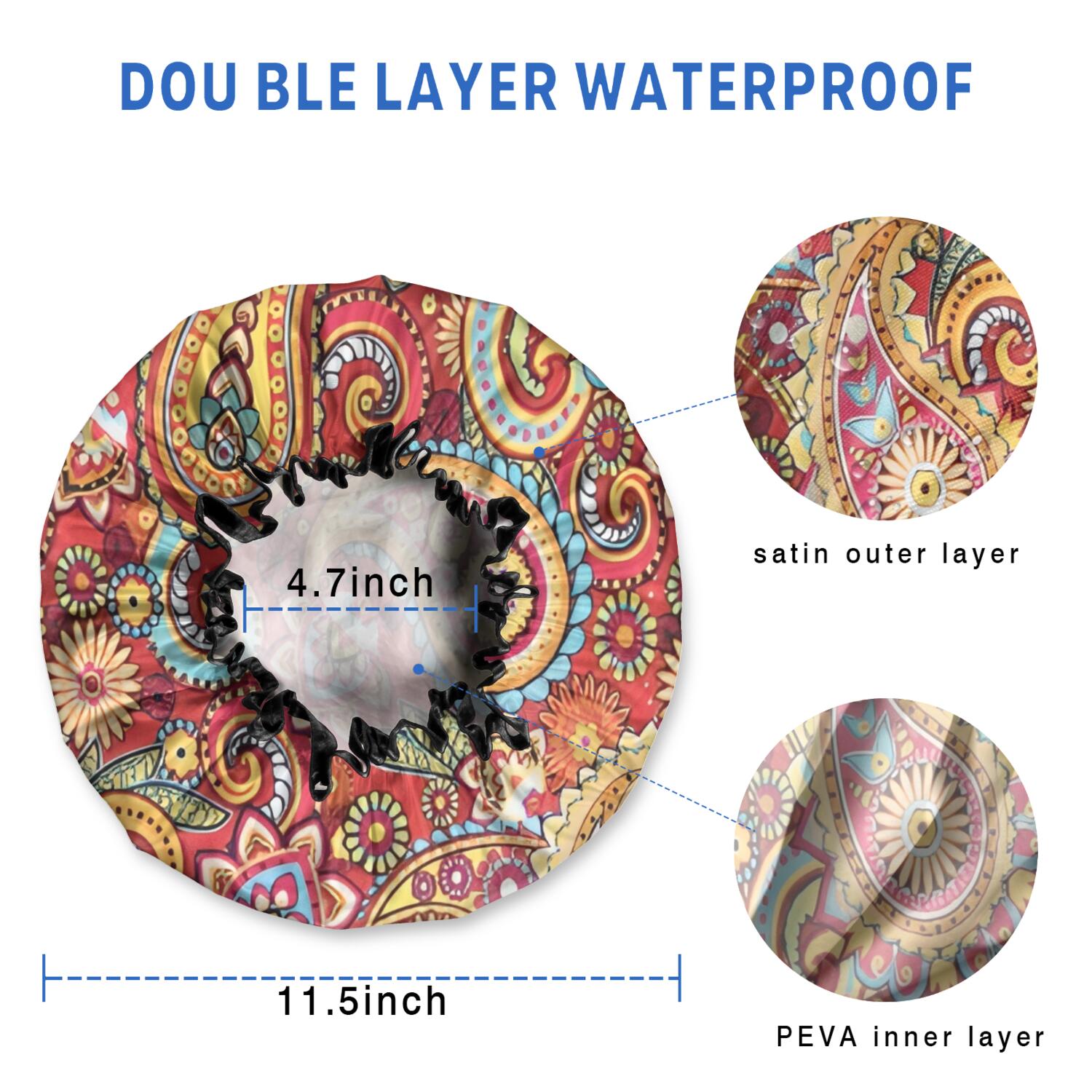 Shower Caps,Red Pioneer Flower and Paisley Pattern Waterproof Shower Cap for Women 4 Pieces,Double Reusable Hair Cover for Shower PEVA Elastic Stretch Hem
