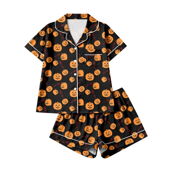 Halloween Pajamas Women 2-Piece Pajama Set Soft Pumpkin Short Sleeve Shirt and Shorts for Vacation Loungewear 01-Black L