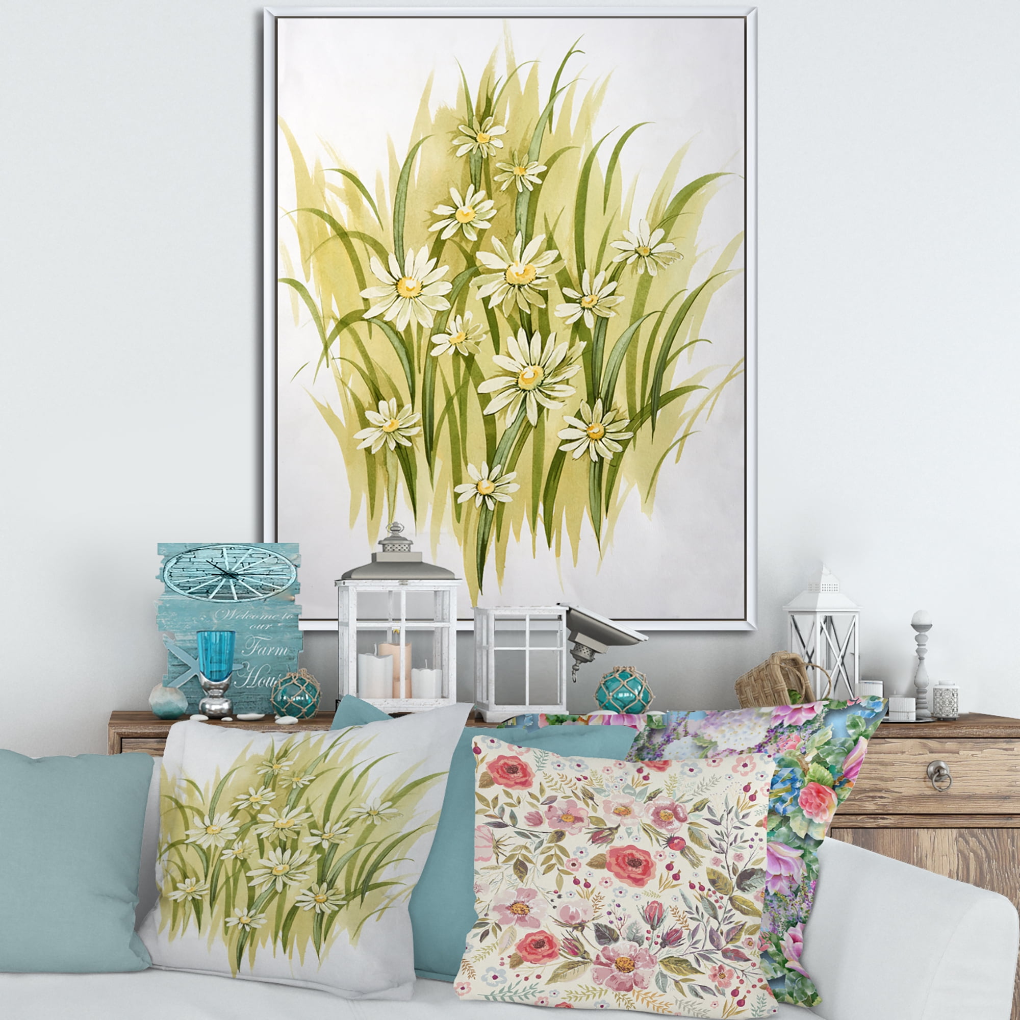 Designart 'Abstract White Meadow Flowers' Traditional Framed Canvas Wall Art Print