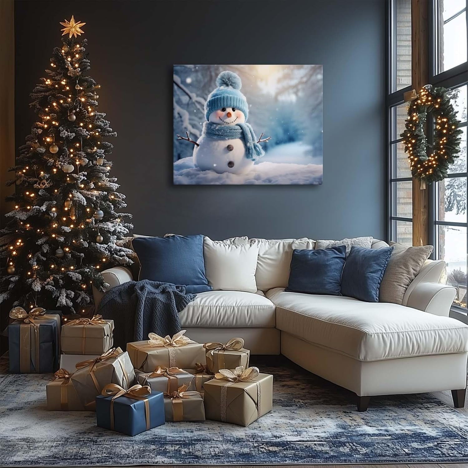 P&L Art Christmas Cute Snowman with Blue Hat and Scarf Print, Canvas, 16x20 in, Multicolor