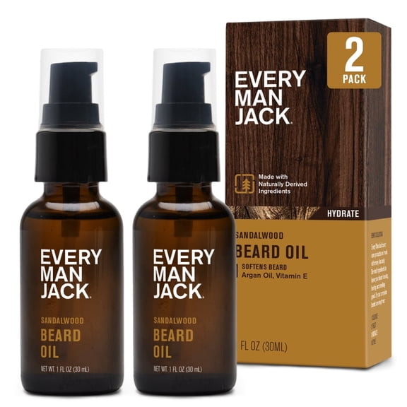 Every Man Jack Mens Beard Oil - Sandalwood Fragrance - Deeply Moisturizes and Softens Your Beard and Adds a Natural Shine -1 fl oz (2 Pack)