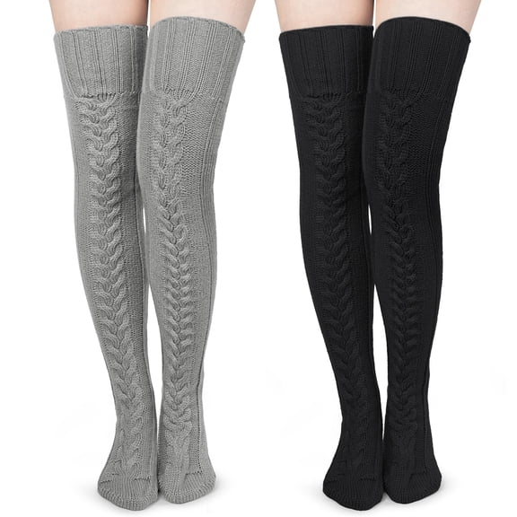 Loritta 2 Pairs Womens Thigh High Cable Knitted Long Socks Winter Boot Stockings over Knee Leg Warmers Size 6-9