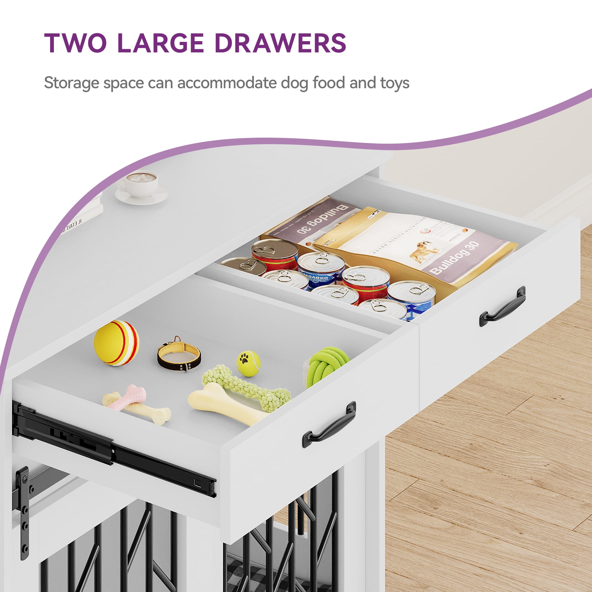 Uforic 39 inch Dog Crate Furniture End Table large Wooden Indoor Dog Kennel with Drawer & Wheels for Small to Medium,White