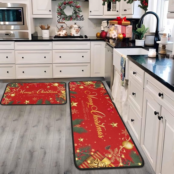 Christmas Kitchen Rugs and Mats Set of 2, Christmas Decorations for Home Non Slip Backing Winter Holiday Kitchen Rug Seasonal Low-Profile Kitchen Floor Mat Xmas Decor 17"X47" 17"X30"