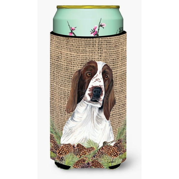 Welsh Springer Spaniel Faux Burlap and Pine cones Tall Boy Hugger