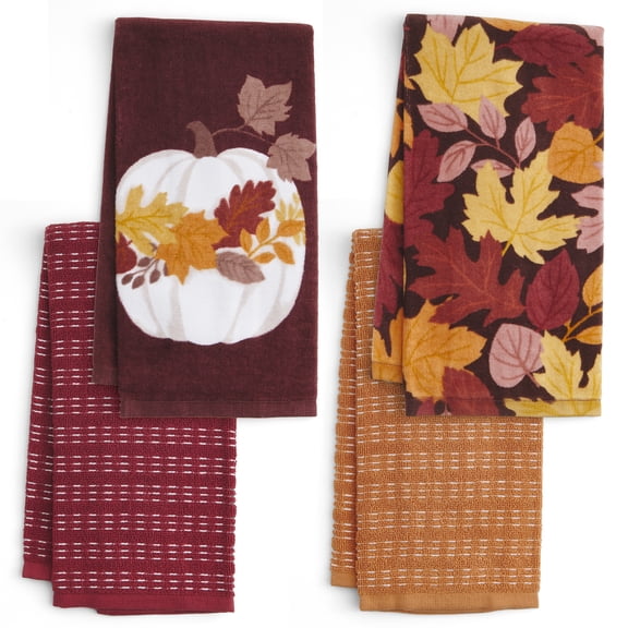 RITZ 100% Cotton Harvest Kitchen Towels, Set of 4, Painted Leaves Dish Towels Set