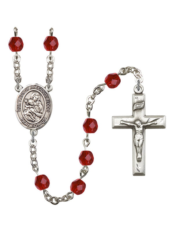 Silver Finish Our Lady of the Precious Blood Rosary with 6mm Garnet Color Fire Polished Beads and 1 3/8 x 3/4 inch Crucifix Gift Boxed Our Lady of the Precious Blood Center