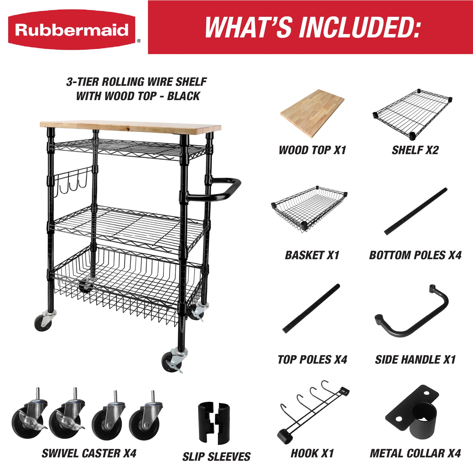 Rubbermaid 3-Tier Heavy Duty Black Rolling Utility Cart with Solid Wood Top, 300lb Capacity