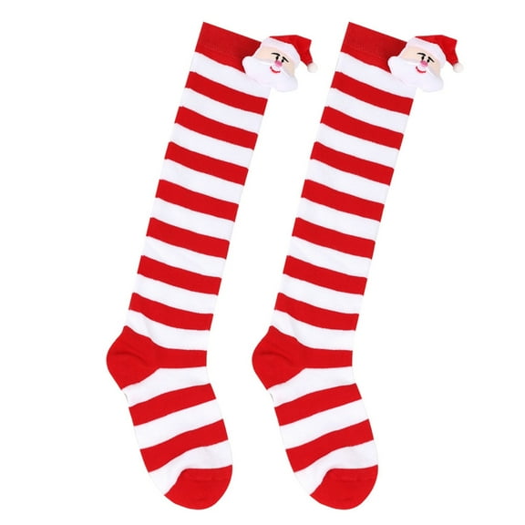 ZYHARUKO Kids Christmas Stockings Festival Over the Knee Socks Long Socks Breathable Stretchy Stripe Santa Socks for 6-10Y Child