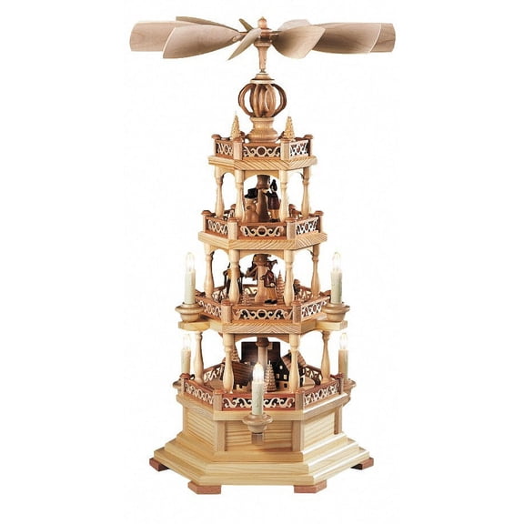 German christmas pyramid Erzgebirge motif, 3-tier, height 63 cm / 25 inch, natural, electrical illuminated and driven (120V, 50Hz for USA and Japan), original Erzgebirge by Müller Seiffen