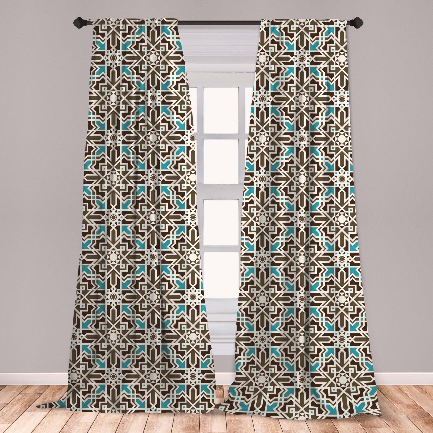 Brown and Blue Curtains 2 Panels Set, Middle Eastern Inspired Moroccan