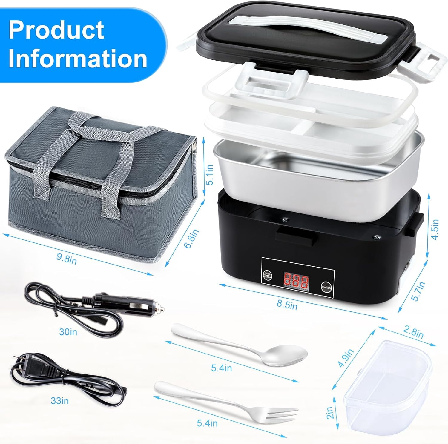 Bestdin Electric Lunch Box Food Heater for Work, 80W Food Warmer for Car Truck Travel with 2 Stainless Steel Containers 1.8 Liters Potable Self Heating lunch Box for Adults