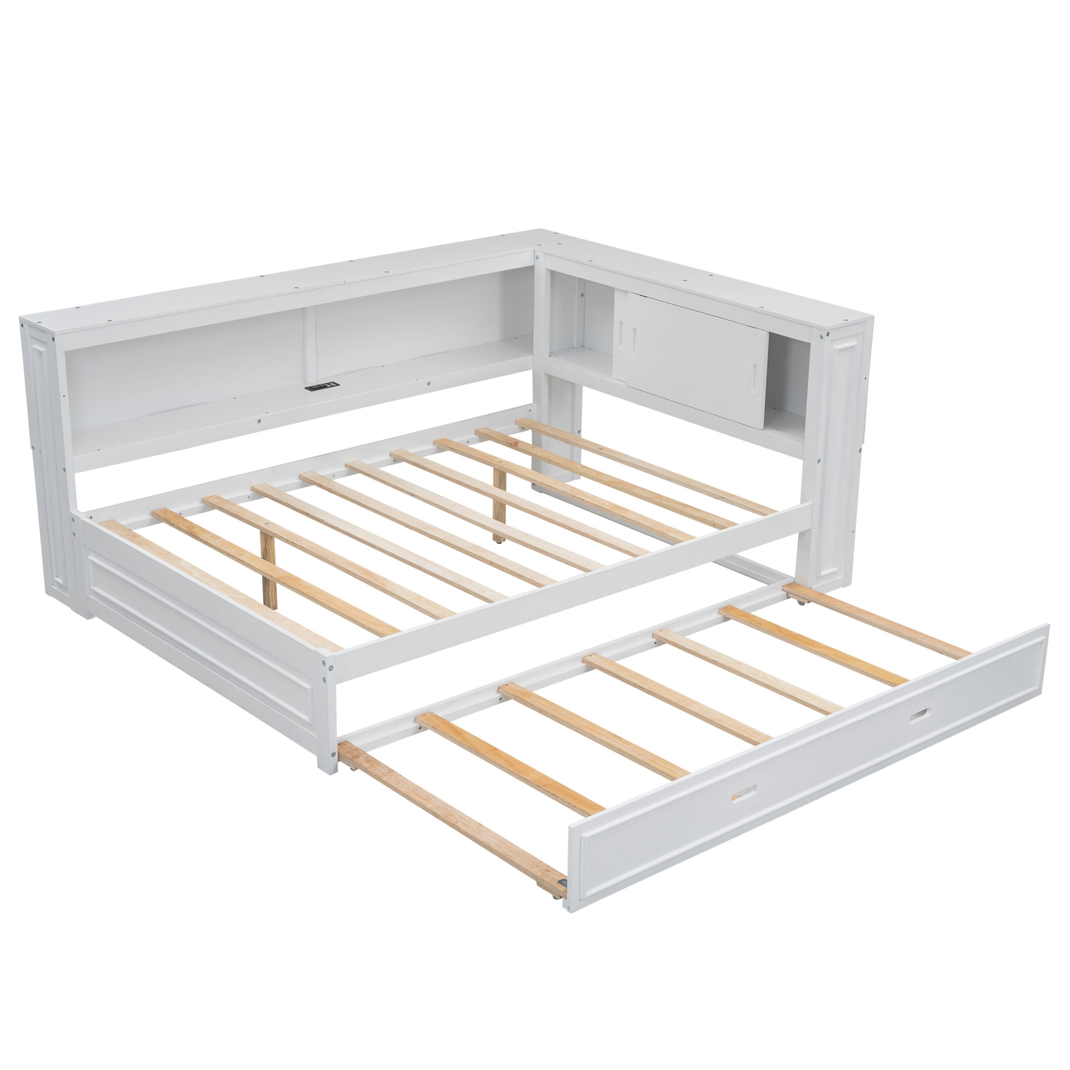 Noble House Sheila Full Wood Daybed with Trundle and LED Lighting, Storage Shelves, USB Charging Port, White