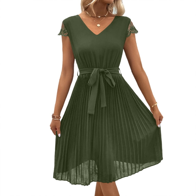 a-line pleated chiffon tie-waist evening dress Laqbezok Women's V-Neck Dress, Elegant Lace Short Sleeve A- Line Midi Gown, Casual Self-Tie Waist Wedding Guest Party Size:3/4 years Structured bodice with lace V NECK Lace top wedding dress