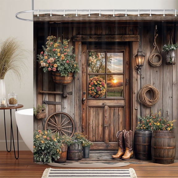 Rustic Farmhouse Shower Curtain Western Barn Door Shower Curtain Set, Vintage Country Southwest Boots Wheel Floral Fabric Shower Curtain for Bathroom Set with 12PCS Hooks 70X70IN