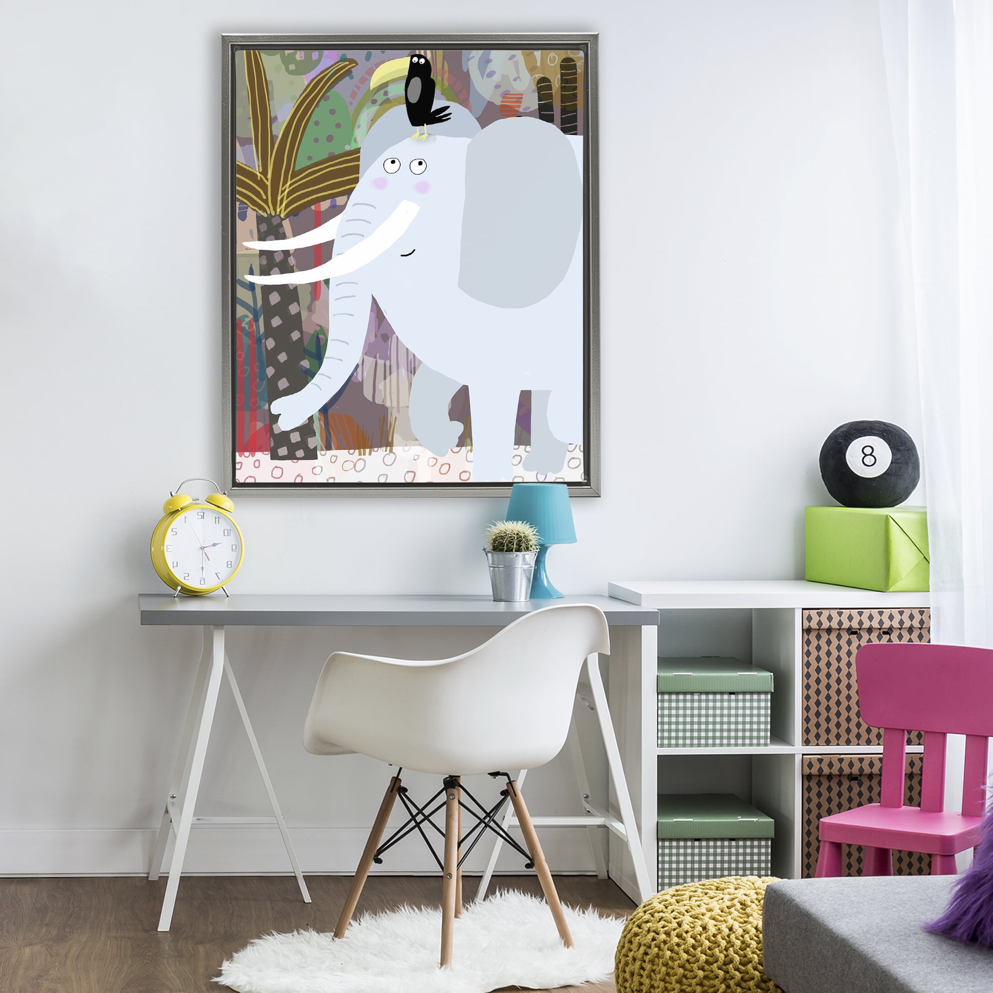 Elephant & Toucan in Jungle Gray Framed Floater Canvas Wall Art, design by Carla Daly
