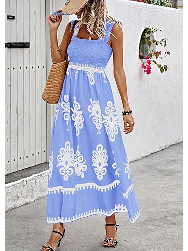 PRETTYGARDEN Womens Summer Boho Maxi Dress Casual Sleeveless Square Neck  Floral Aline Smocked Beach Dresses with Pockets - Walmart.com