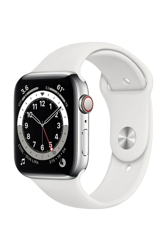 Pre-Owned Apple Watch Series 6 44mm GPS + Cellular 44mm Silver Stainless Steel Case - White Sport Band