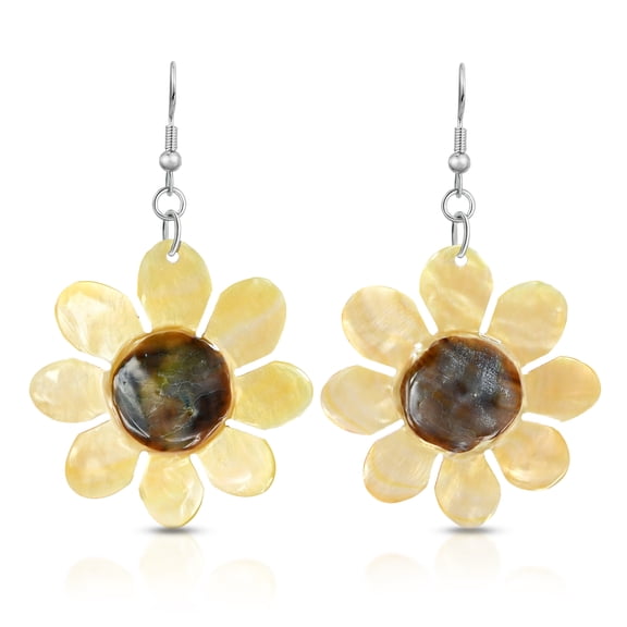 Beach-Inspired Natural Seashell Vibrant Sunflower Dangle Earrings