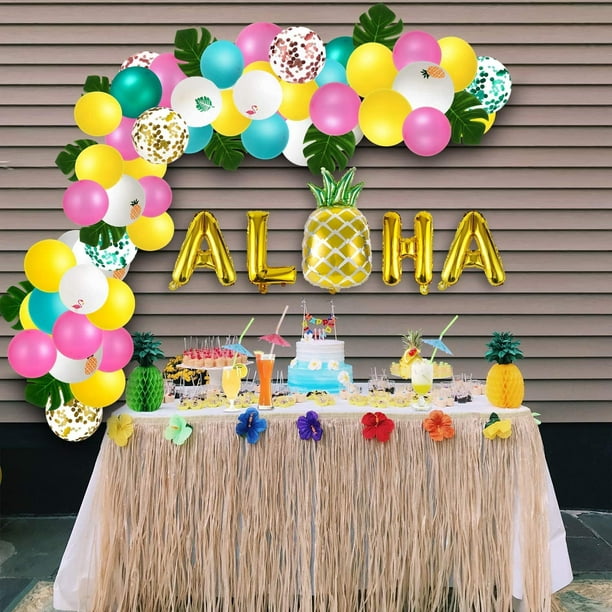Luau Party Supplies - Hawaiian Decorations Set 96pcs Aloha Banner/Tropical  Leaves/Confetti Balloon Arch/Drinking Straws - Flamingo Pineapple Summer  Beach Pool Backdrop - - 