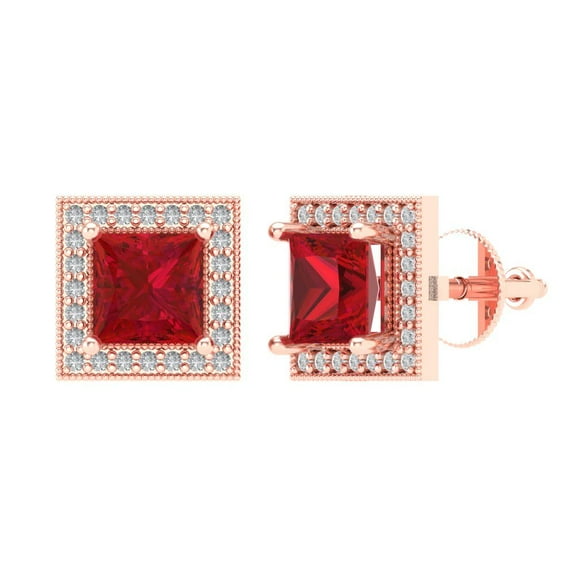 2.24 ct Screw-Back Stud Earrings for Women | 5.5mm Princess Cut Simulated Ruby | 18K Rose Gold